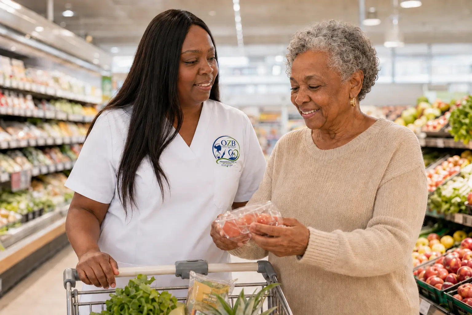 Olianda en een oudere vrouw doen samen boodschappen